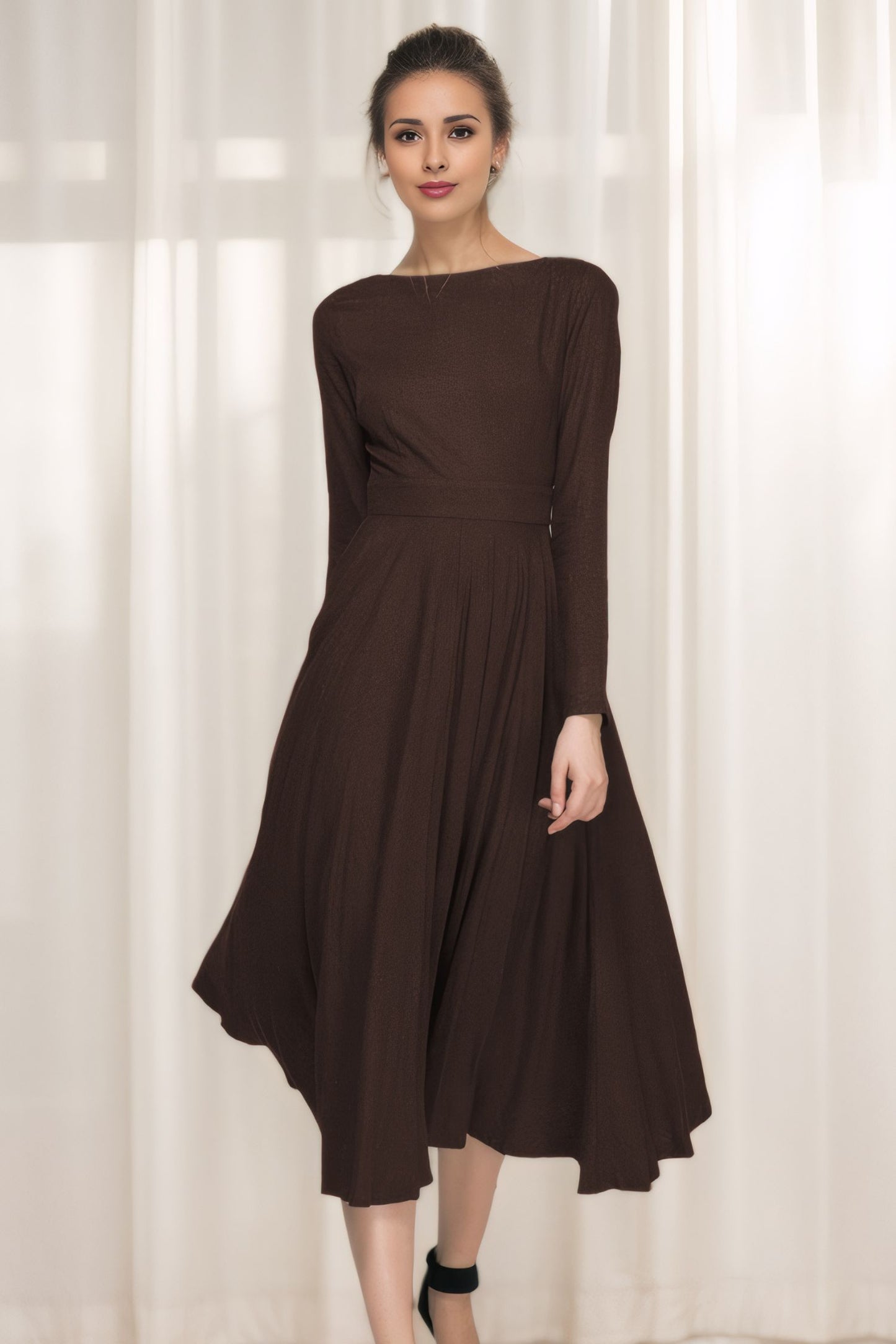 Elegant Brown Linen Cotton Dress – Boat Neck A-Line Midi | Xiaolizi 6314