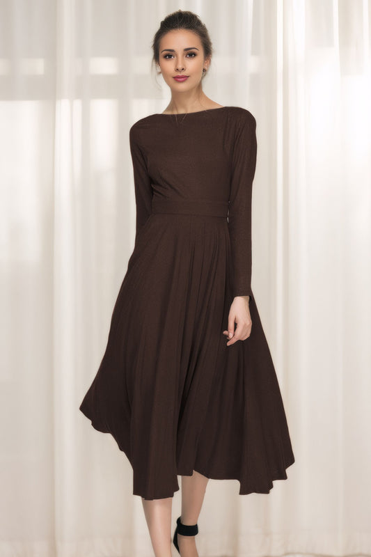 Elegant Brown Linen Cotton Dress – Boat Neck A-Line Midi | Xiaolizi 6314