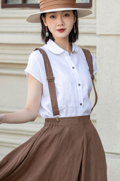 White Linen Shirt Top - Loose Fit, Lapel Collar 4921