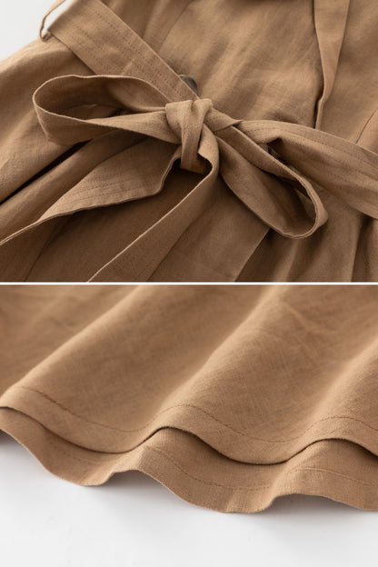 Khaki Linen Midi Wrap Dress - A-Line Silhouette with Pockets 6079