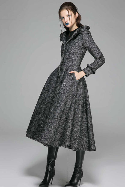 Hooded maxi wool dress coat with ruffle detail 1369#