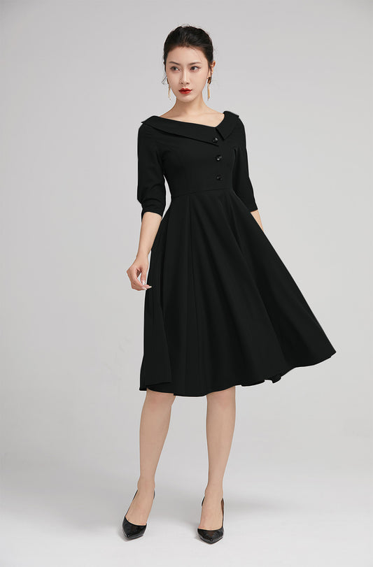 Xiaolizi Black Swing Dress – Vintage Lapel Collar Knee Length Cocktail Dress 6348
