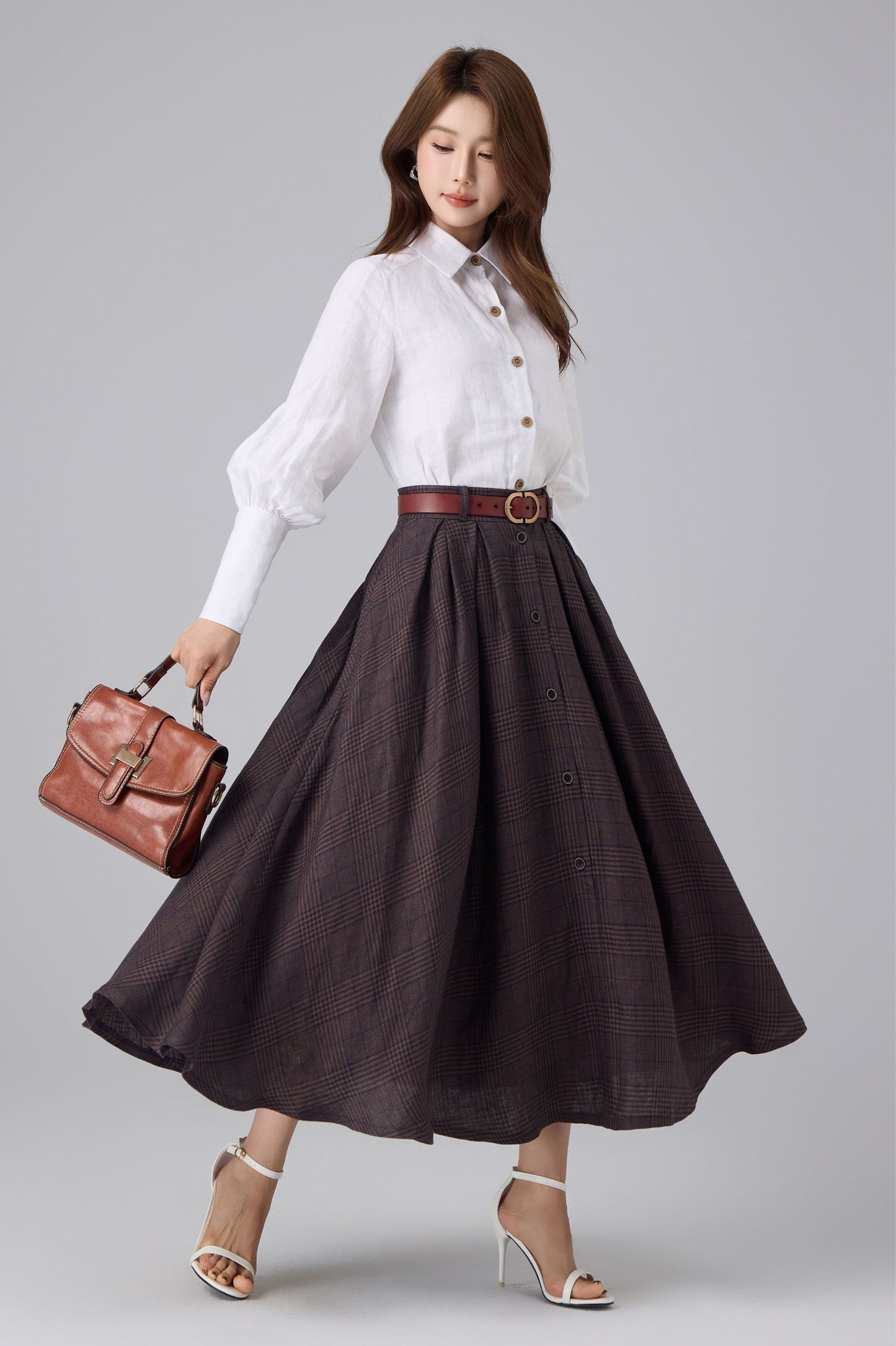 Brown Linen Cotton Skirt - Plaid High Waist | Xiaolizi 6756