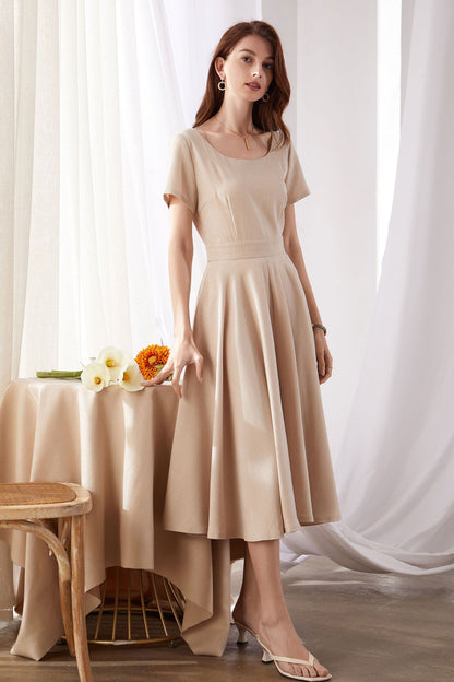 Beige Linen Dress - Fit and Flare Midi with Scoop Neckline 3374