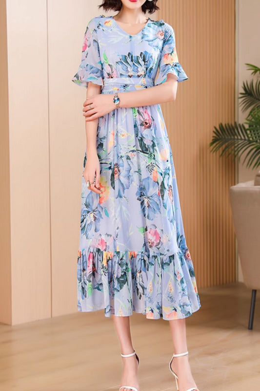 Midi flower printed summer beach dress 5057