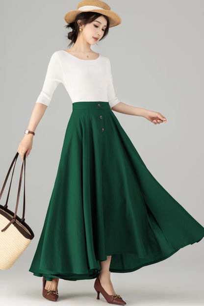 Green Linen Cotton Maxi Skirt - High-Waisted with Side Slit 5719