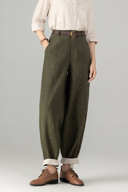 Army Green Linen Baggy Pants - Loose Fit, Ankle Length 5703
