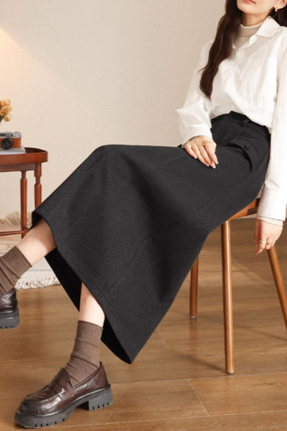 Black Wool A-Line Midi Skirt - Winter Warmth and Elegant Fit 5467