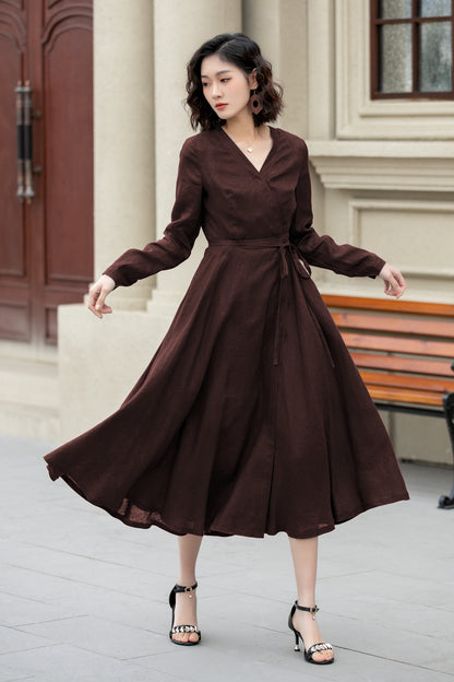Brown Linen Wrap Midi Dress - Fit and Flare, V-Neck Silhouette 6285