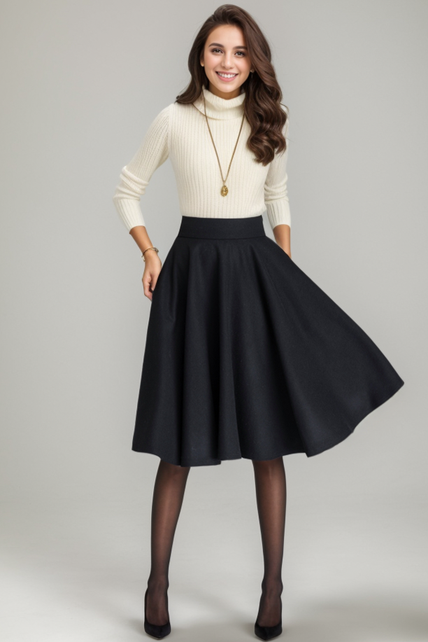 A woman wearing a high-waisted, knee-length black wool skirt with a white turtleneck sweater. The skirt has a zipper at the back and two side pockets.