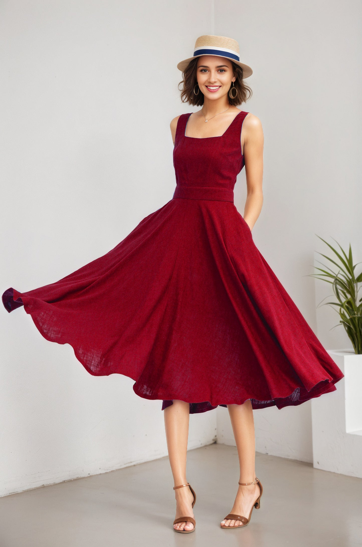 Wine Linen Cotton Midi Dress - Square Neck A-Line | Xiaolizi 6072