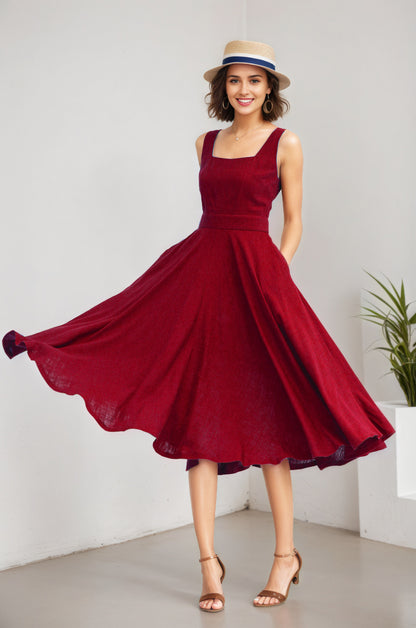 Wine Linen Cotton Midi Dress - Square Neck A-Line | Xiaolizi 6072