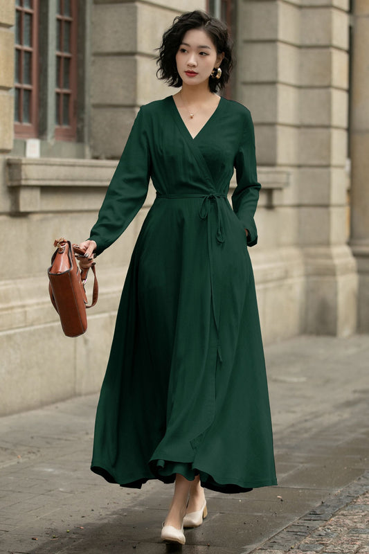 Handmade Linen Cotton Wrap Midi Dress – Vintage Elegant V-Neck Swing Dress 6300