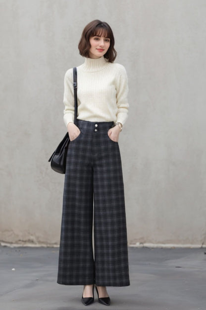 Plaid Wool Blend Wide Leg Pants - High Waist, Straight Silhouette 5402