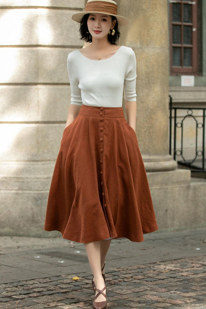 Handmade Linen Midi Skirt – Rust Brown Button Front Swing Skirt | Xiaolizi 5689