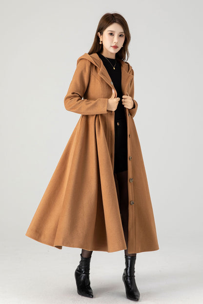 Camel Wool Hooded Coat – Vintage Fit and Flare Long Winter Overcoat 4606