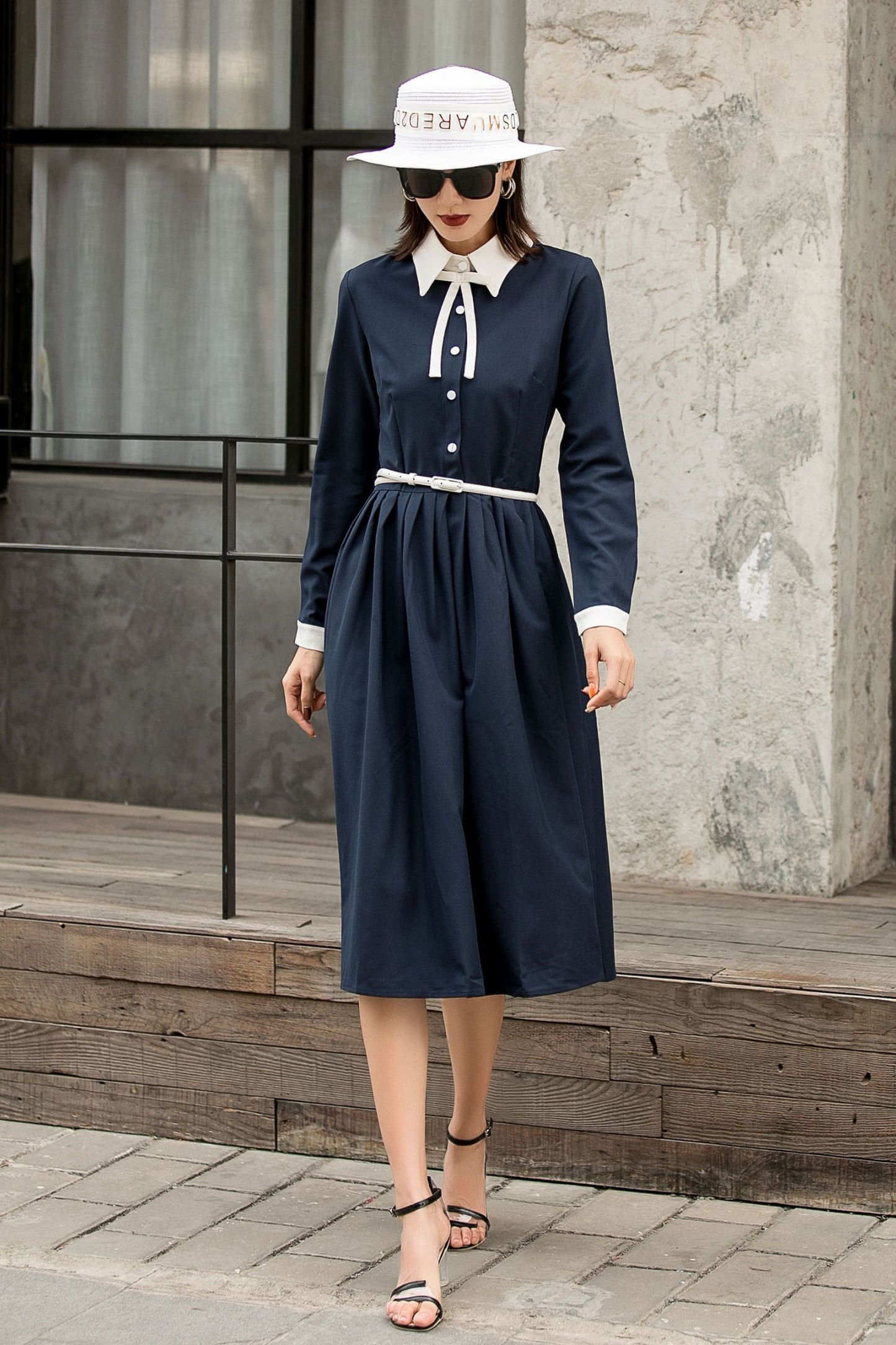 Summer Fall Navy Formal Button Up Midi Dress 2845