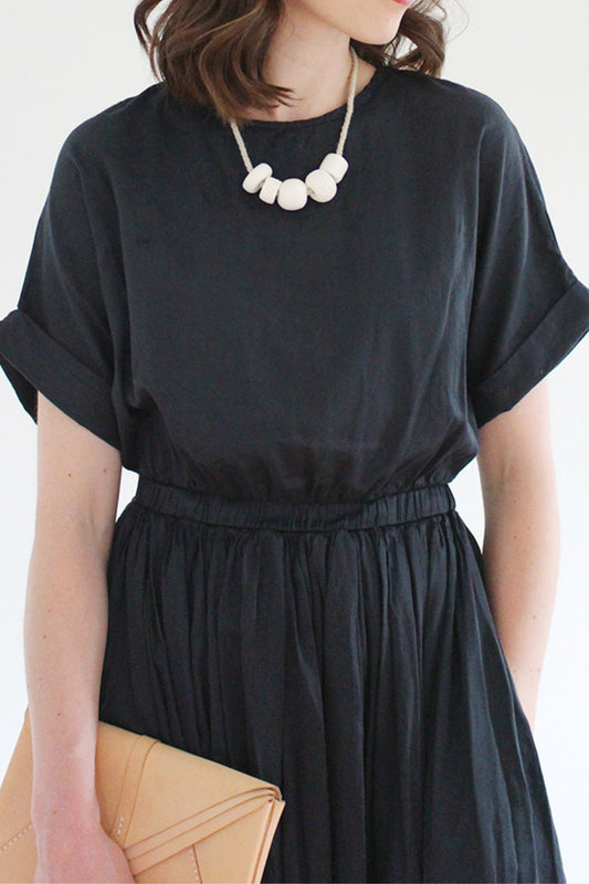 Black midi cotton dress with elastic waist HY0005