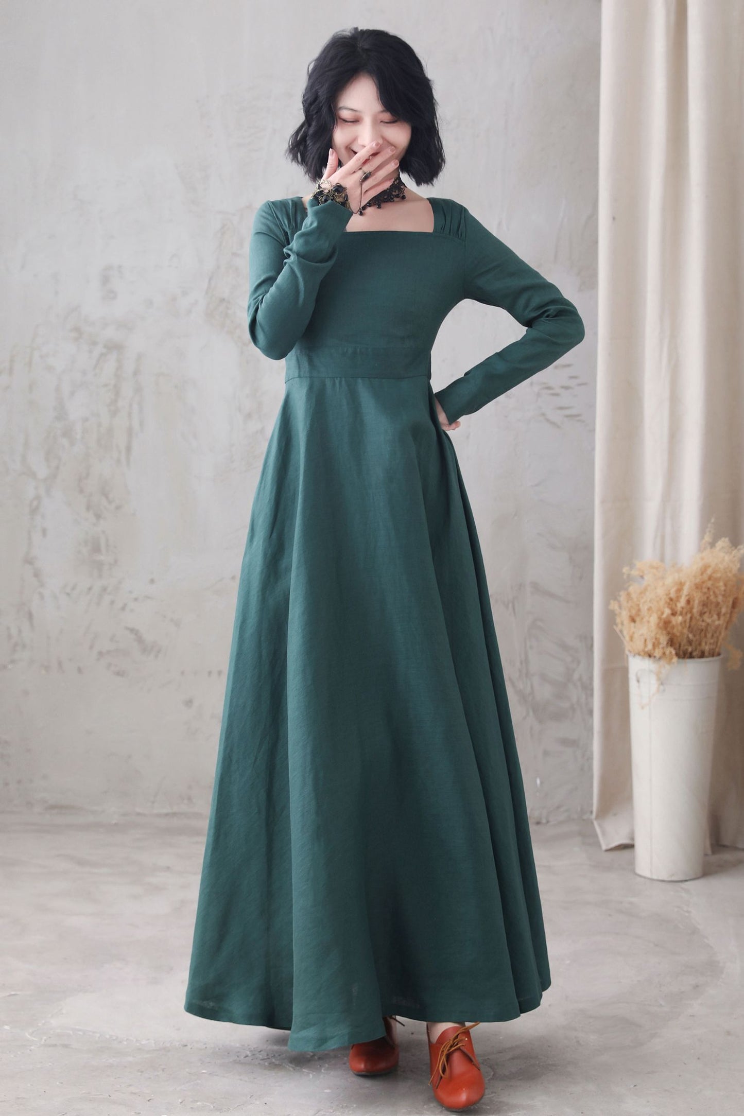 Long sleeve Linen Maxi dress with pocket 3285