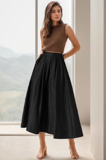 Black Linen Midi Skirt - Pleated Waist, Elastic Back 5124