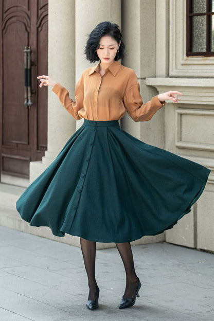 Dark Green Wool Midi Skirt - Flared A-Line with Elastic Waist 5311