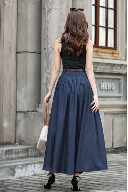 Cotton Pleated Maxi Skirt - Pockets A-Line | Xiaolizi 5780