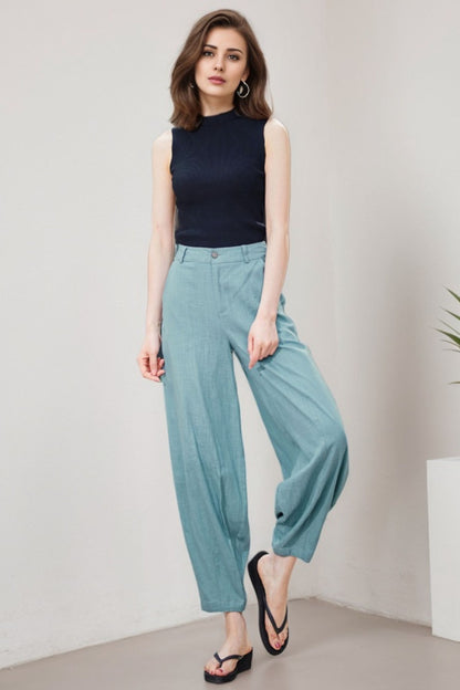 Blue Linen Blend Casual Pants - Baggy Fit with Side Pockets 2191