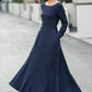 Navy Blue Linen Maxi Dress – Vintage Fit and Flare Long Sleeve Dress 6660