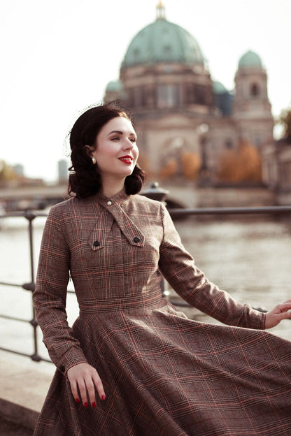 Brown Wool Plaid Dress - 1950s Fit & Flare Knee Length | Xiaolizi 2448