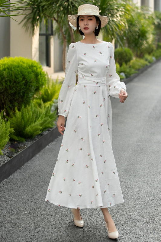 Handmade White Floral Linen Midi Dress – Vintage A-Line Long Sleeve Dress 6661
