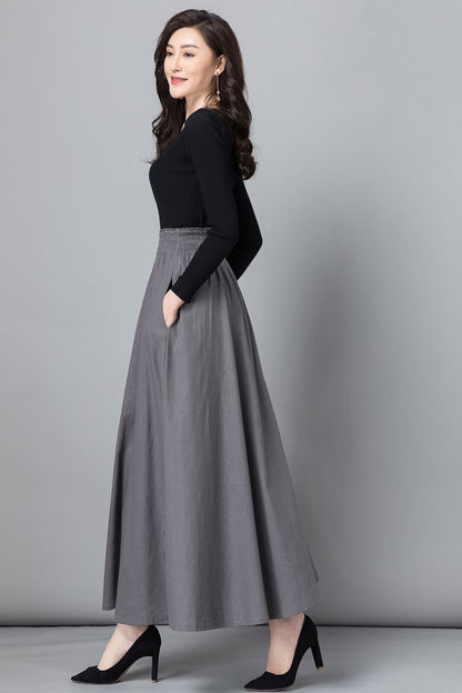 Gray Linen Cotton Maxi Skirt - High Waist Pleated Swing 2358