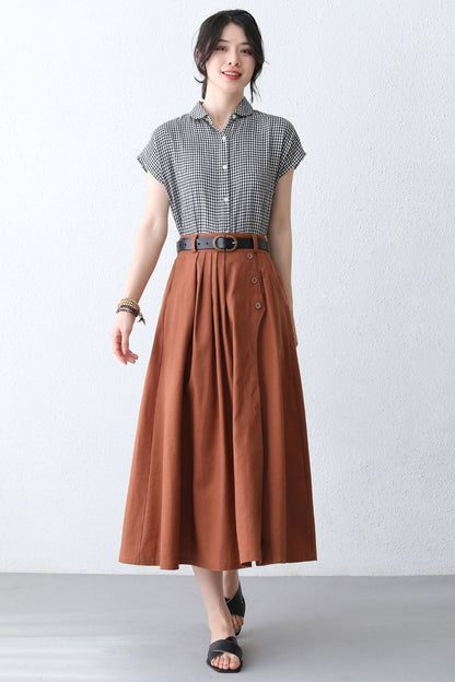 Orange Linen Cotton Midi Skirt - High Waist with Side Pockets 2887