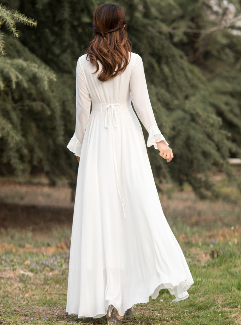 White Chiffon Maxi Dress with Flared Skirt and Keyhole Neckline