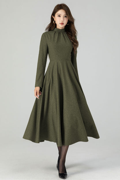 Retro army green swing wool dress 5441
