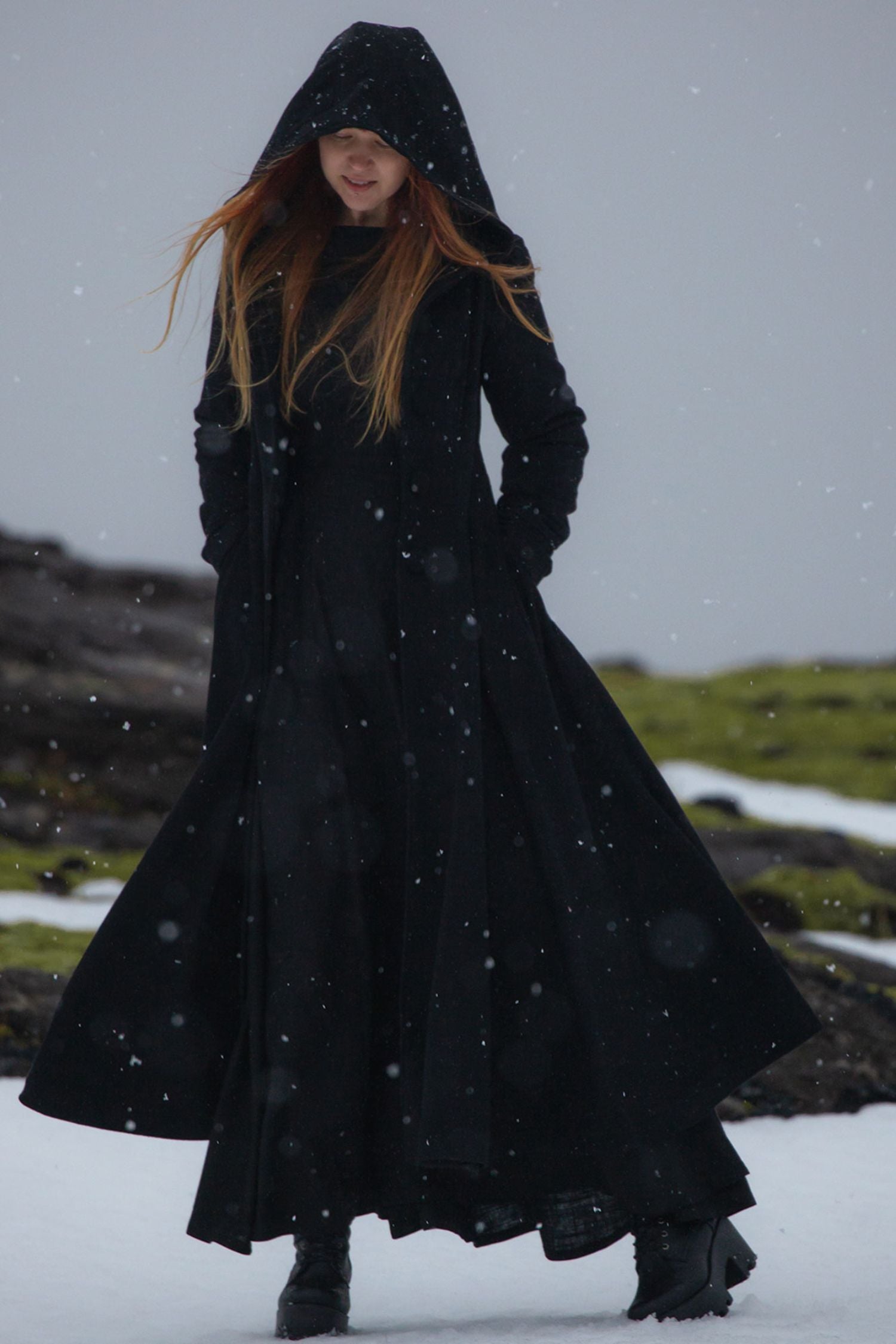 Handmade Black Hooded Wool Coat – Fit & Flare Maxi