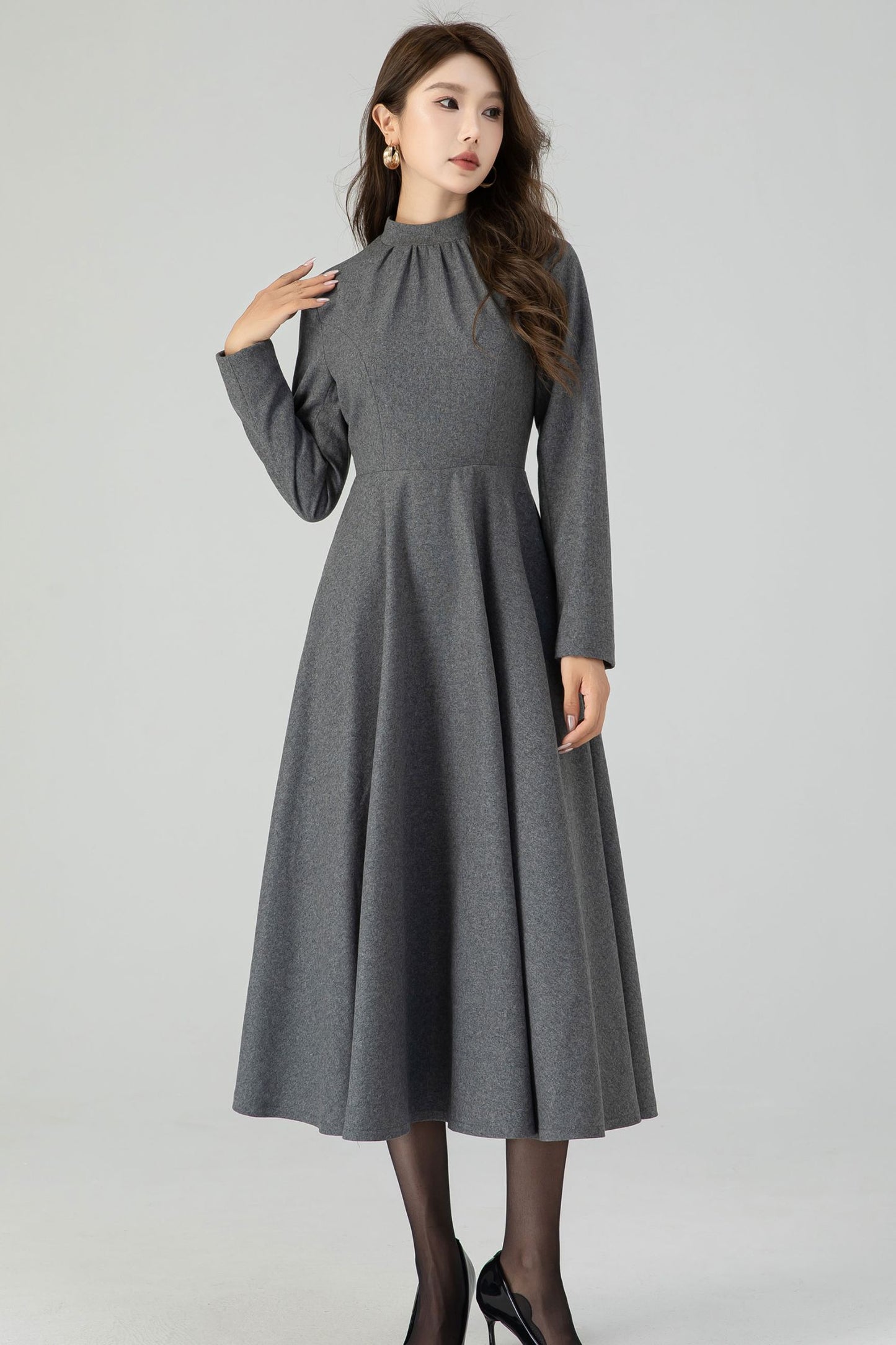 Retro gray swing wool dress 4549