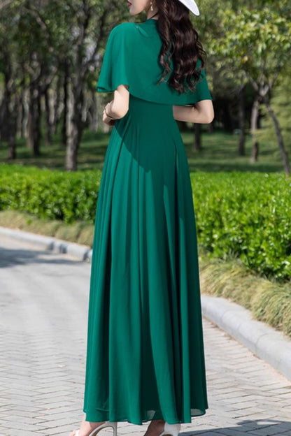 Green Chiffon Maxi Dress - Fit and Flare with Swing Sleeves 5167