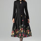 Timeless Black Wool Midi Dress – Floral Embroidery, A-Line Pleats – 6397