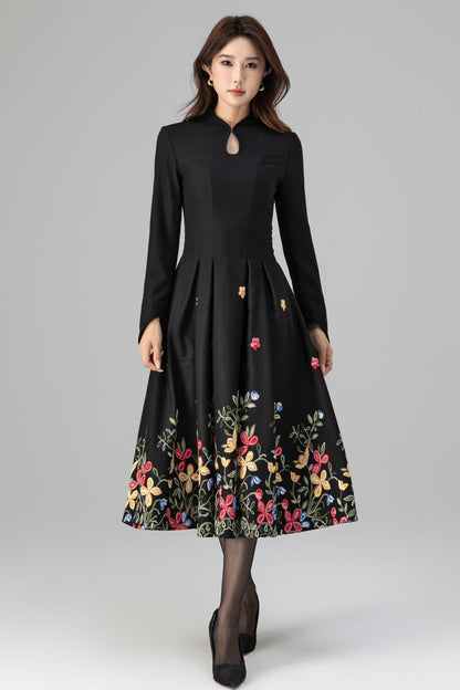 Black Wool Midi Dress - Floral Embroidery, Pleated A-Line Skirt 6397