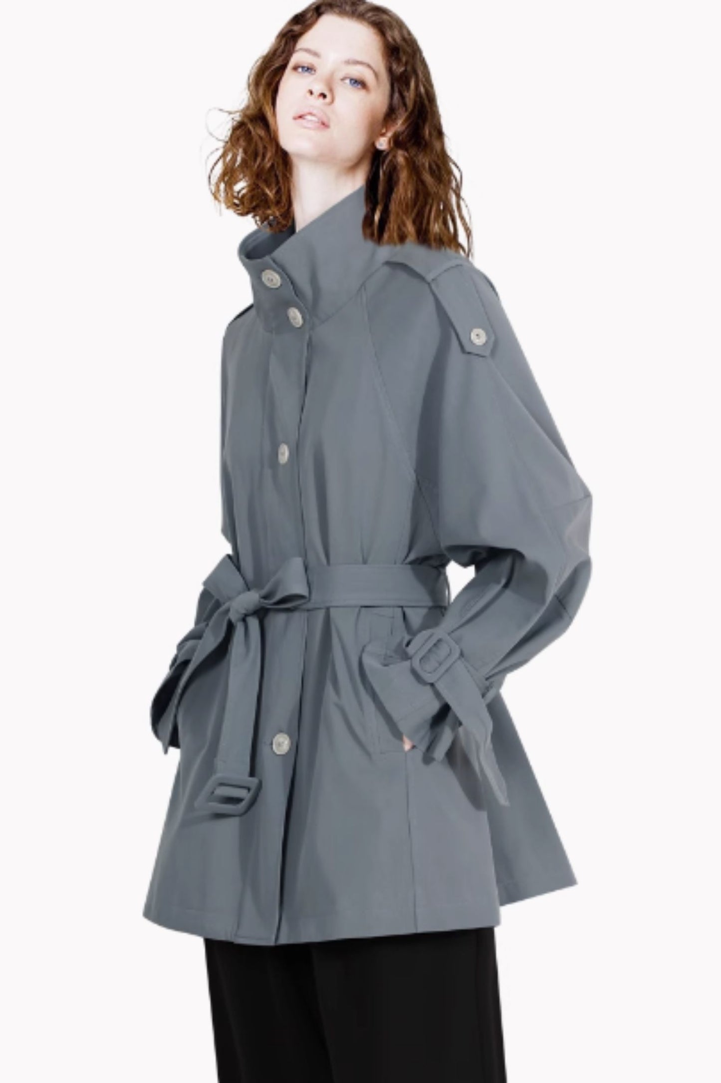 Gray button closure short trench coat 5373