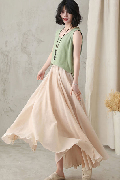 Handmade Linen Maxi Skirt Beige – High-Waist Flowy Circle Hem – 2820