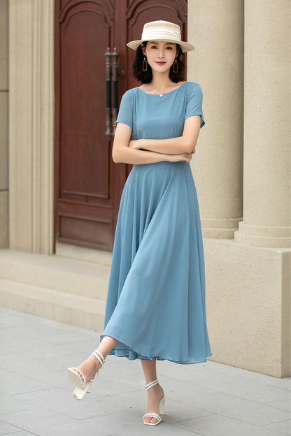 Blue Chiffon Midi Dress - Swing Silhouette with Fitted Waist 5147