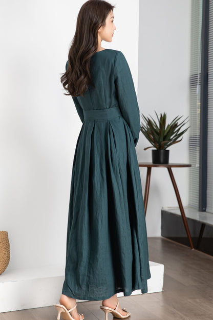 Teal Linen Maxi Dress - A-Line Silhouette with Waist Tie 5639