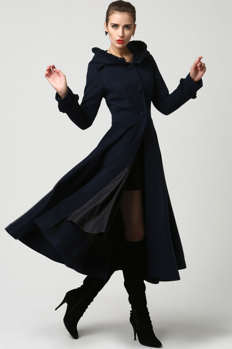 Navy Hooded Wool Maxi Coat – Ruffle Trim Fit & Flare Winter Coat | Xiaolizi 1102