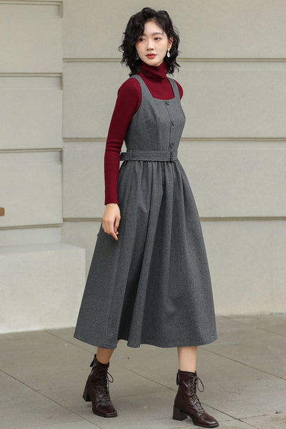 Gray Wool Midi Dress - Sleeveless Swing Silhouette with Belt 6427