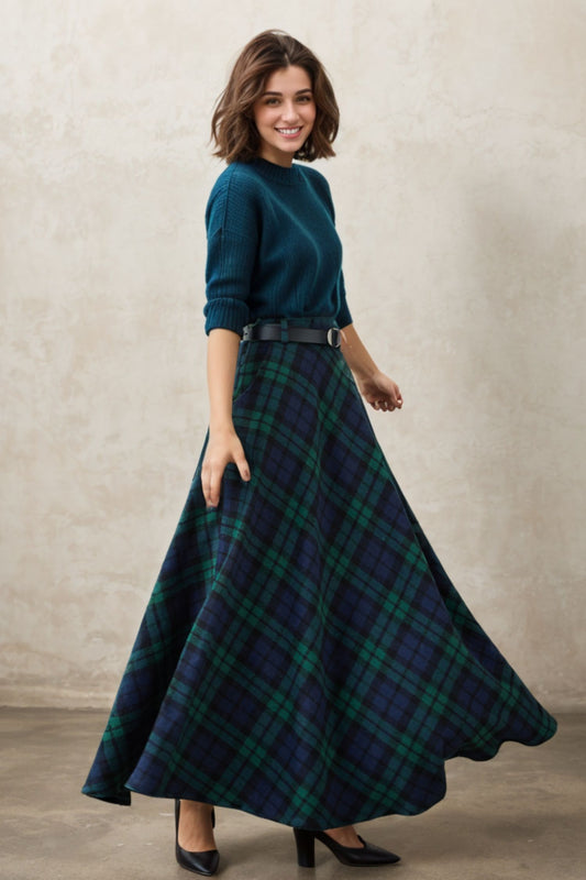 Vintage Inspired Long Wool Plaid Skirt 5258