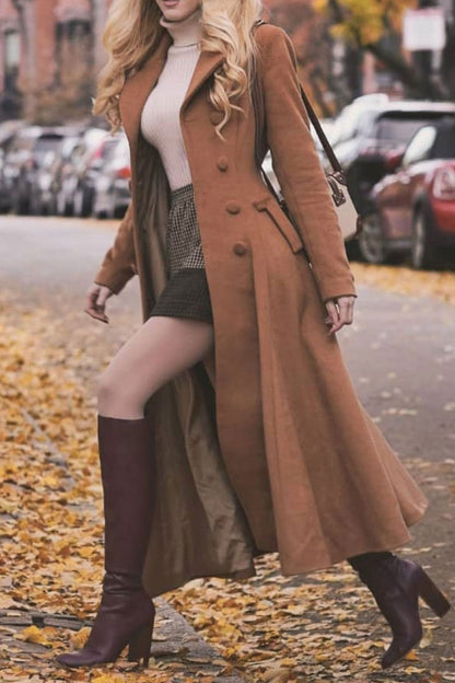 Camel Wool Maxi Coat – Vintage Double Breasted A-Line Winter Overcoat 3816