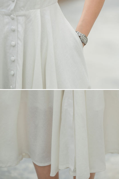 White Linen Midi Swing Dress - Square Neckline with Puff Sleeves 5980