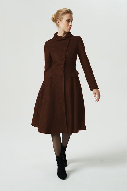 Brown Wool Blend Knee-Length Coat - Fitted Waist with Peter Pan Collar 6309