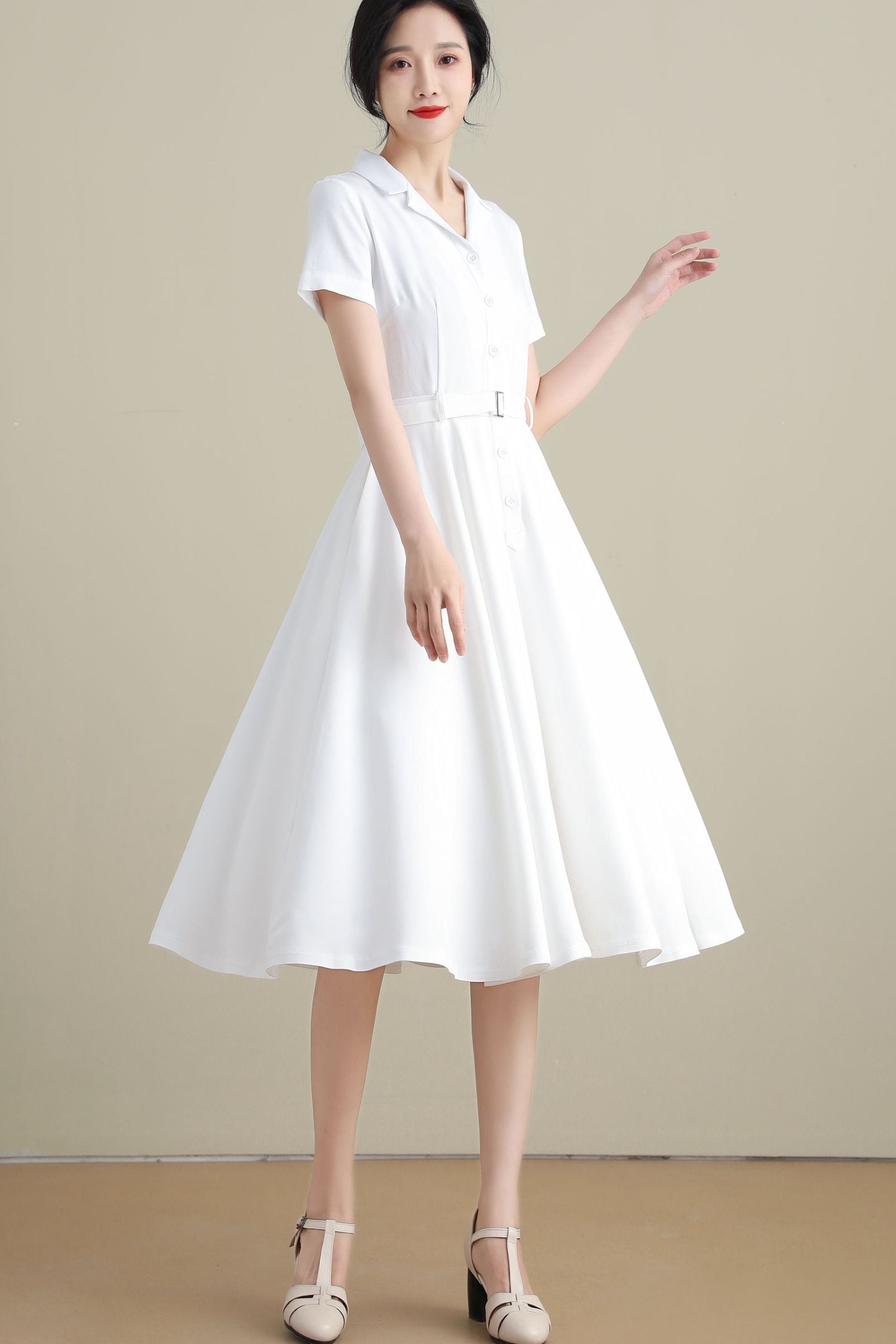 White Linen Cotton Swing Midi Dress with Belted Waist and Notched Collar – Xiaolizi